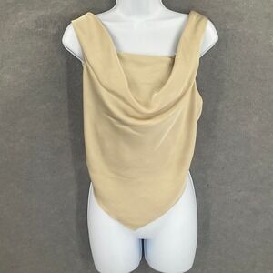 RACHEL ZOE Top Womens Sz S Satin Beige Cowl Neck Smocked Back Festival Party